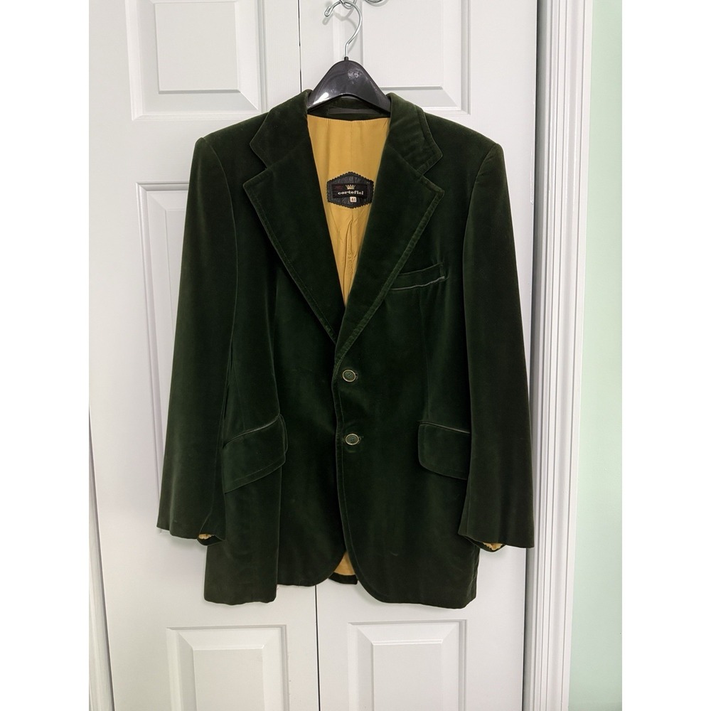 VTG 1970s Cortefiel Men's Green‎ Velvet Blazer Leather Trimmed Smoking Jacket 41